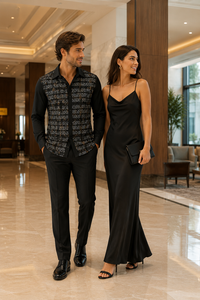 Mens Black Geo-Luxe Walking Suit – Patterned Long Sleeve Shirt & Matching Pants Set
