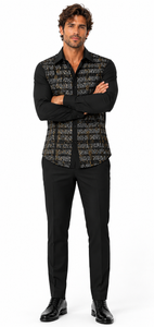 Mens Black Geo-Luxe Walking Suit – Patterned Long Sleeve Shirt & Matching Pants Set