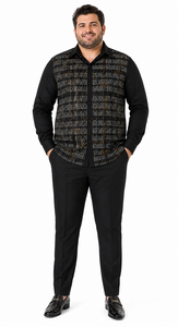 Mens Black Geo-Luxe Walking Suit – Patterned Long Sleeve Shirt & Matching Pants Set