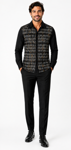 Mens Black Geo-Luxe Walking Suit – Patterned Long Sleeve Shirt & Matching Pants Set