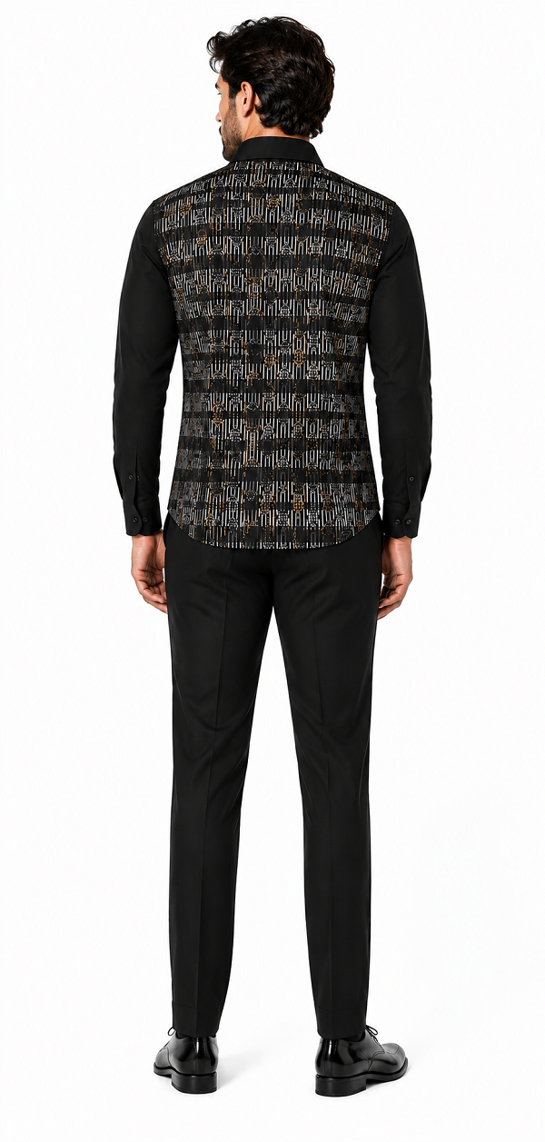 Mens Black Geo-Luxe Walking Suit – Patterned Long Sleeve Shirt & Matching Pants Set