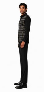 Mens Black Geo-Luxe Walking Suit – Patterned Long Sleeve Shirt & Matching Pants Set