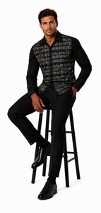 Mens Black Geo-Luxe Walking Suit – Patterned Long Sleeve Shirt & Matching Pants Set