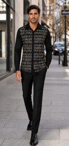 Mens Black Geo-Luxe Walking Suit – Patterned Long Sleeve Shirt & Matching Pants Set