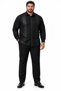 Mens Midnight Black Prestige Walking Suit – Tonal Greek Key Shirt & Matching Pants