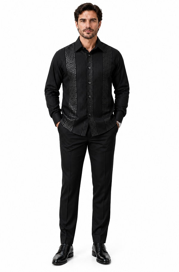Mens Midnight Black Prestige Walking Suit – Tonal Greek Key Shirt & Matching Pants