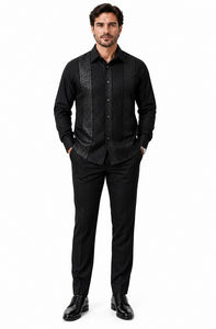 Mens Midnight Black Prestige Walking Suit – Tonal Greek Key Shirt & Matching Pants