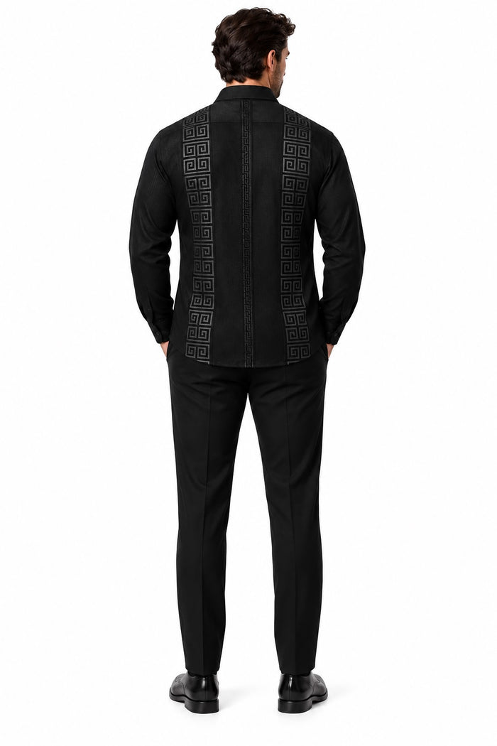 Mens Midnight Black Prestige Walking Suit – Tonal Greek Key Shirt & Matching Pants