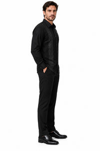 Mens Midnight Black Prestige Walking Suit – Tonal Greek Key Shirt & Matching Pants