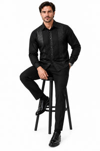 Mens Midnight Black Prestige Walking Suit – Tonal Greek Key Shirt & Matching Pants