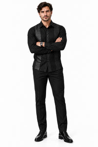 Mens Midnight Black Prestige Walking Suit – Tonal Greek Key Shirt & Matching Pants