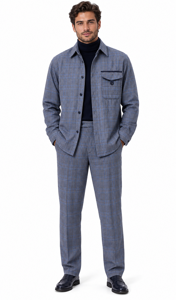 Mens Steel Blue Heritage Plaid Walking Suit – Shirt Jacket & Matching Pants