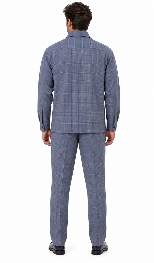 Mens Steel Blue Heritage Plaid Walking Suit – Shirt Jacket & Matching Pants