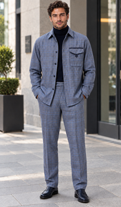Mens Steel Blue Heritage Plaid Walking Suit – Shirt Jacket & Matching Pants