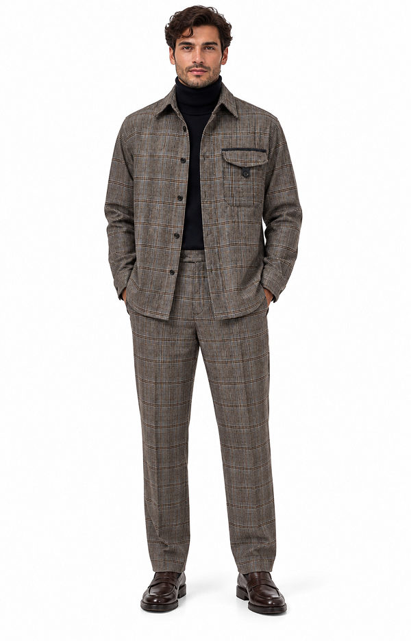 Mens Mocha Brown Heritage Plaid Walking Suit – Shirt Jacket & Matching Pants