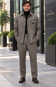 Mens Mocha Brown Heritage Plaid Walking Suit – Shirt Jacket & Matching Pants