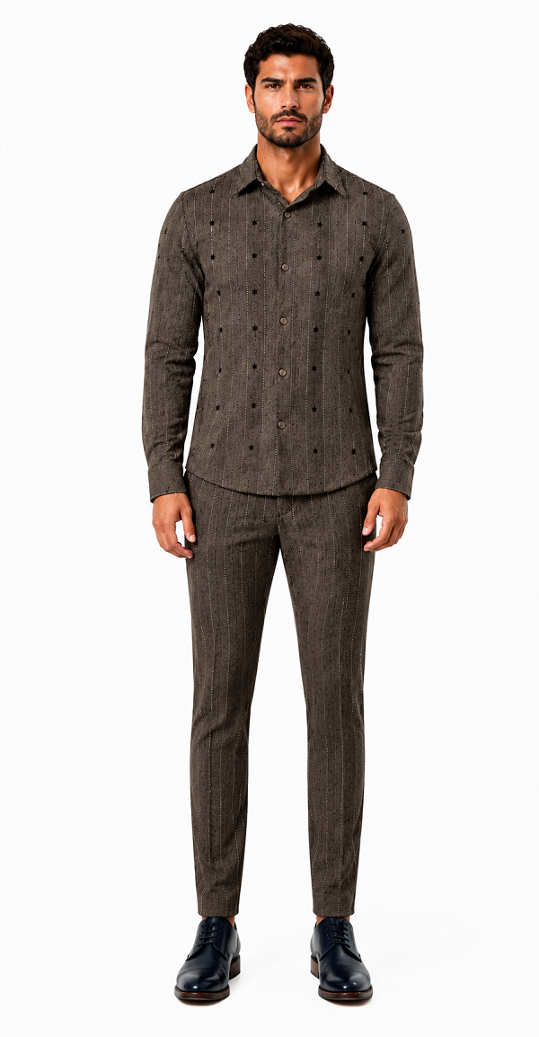 Mens Mocha Brown Heritage Stripe Walking Suit – Textured Shirt & Matching Pants