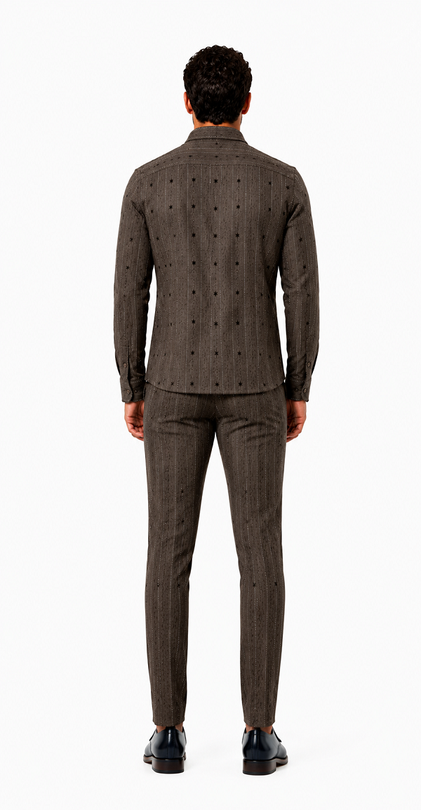 Mens Mocha Brown Heritage Stripe Walking Suit – Textured Shirt & Matching Pants