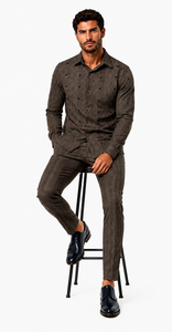 Mens Mocha Brown Heritage Stripe Walking Suit – Textured Shirt & Matching Pants
