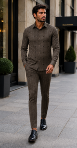 Mens Mocha Brown Heritage Stripe Walking Suit – Textured Shirt & Matching Pants