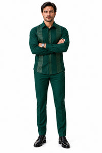 Mens Emerald Green Signature Walking Suit – Geometric Detail Shirt & Matching Pants
