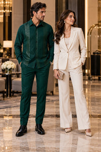 Mens Emerald Green Signature Walking Suit – Geometric Detail Shirt & Matching Pants