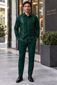 Mens Emerald Green Signature Walking Suit – Geometric Detail Shirt & Matching Pants