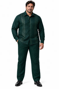 Mens Emerald Green Signature Walking Suit – Geometric Detail Shirt & Matching Pants