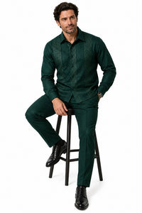 Mens Emerald Green Signature Walking Suit – Geometric Detail Shirt & Matching Pants