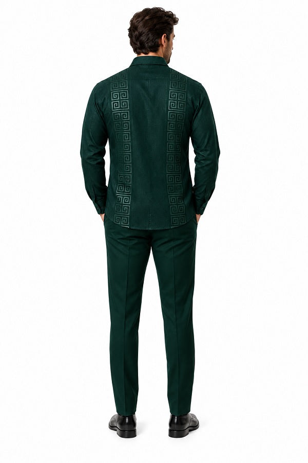 Mens Emerald Green Signature Walking Suit – Geometric Detail Shirt & Matching Pants
