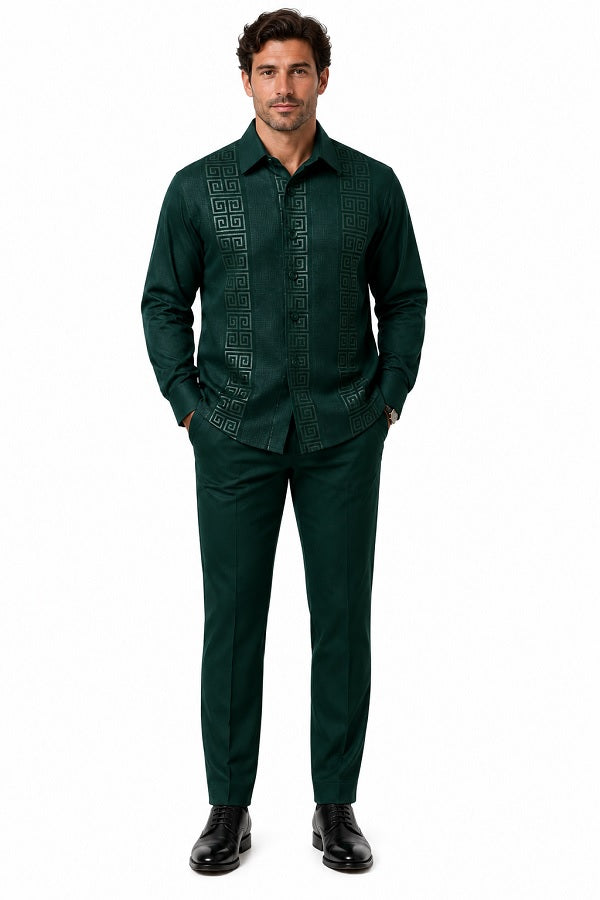 Mens Emerald Green Signature Walking Suit – Geometric Detail Shirt & Matching Pants