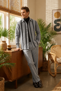 Mens Heather Grey Striped Walking Suit – Long-Sleeve Shirt & Matching Pants