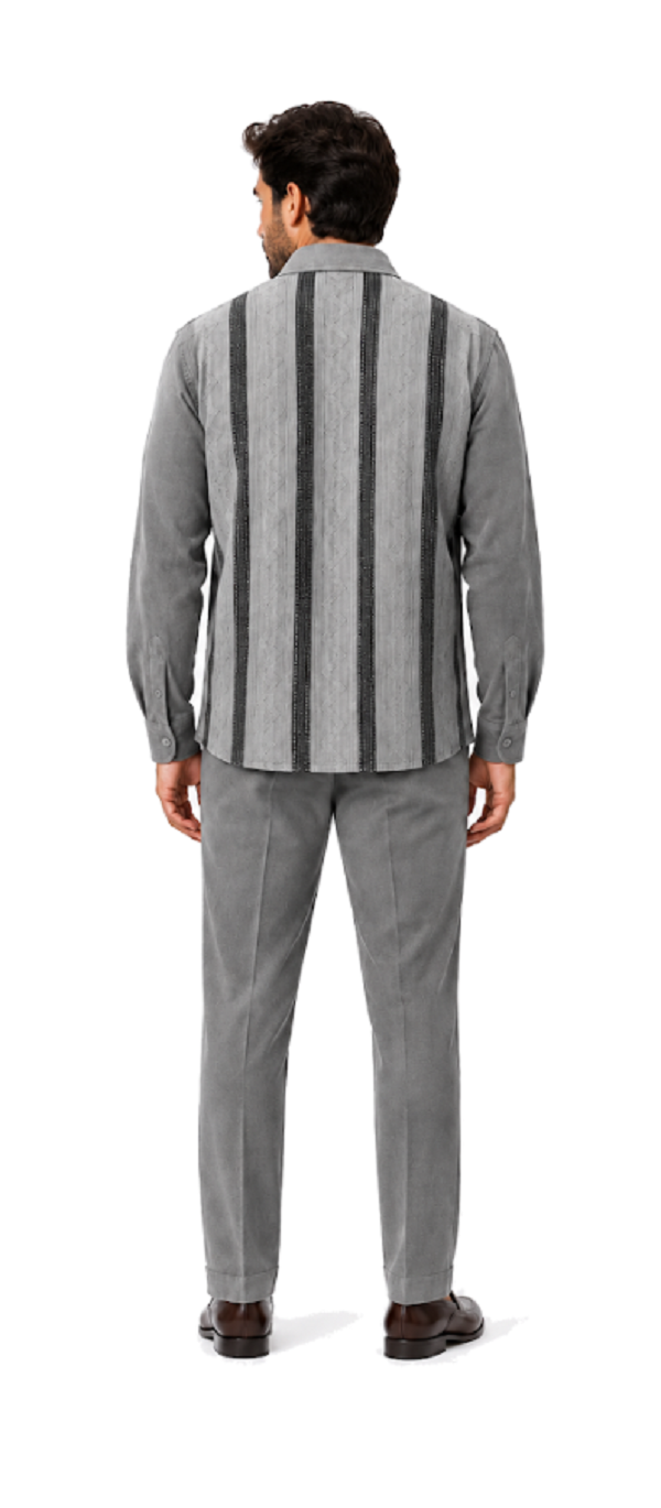Mens Heather Grey Striped Walking Suit – Long-Sleeve Shirt & Matching Pants