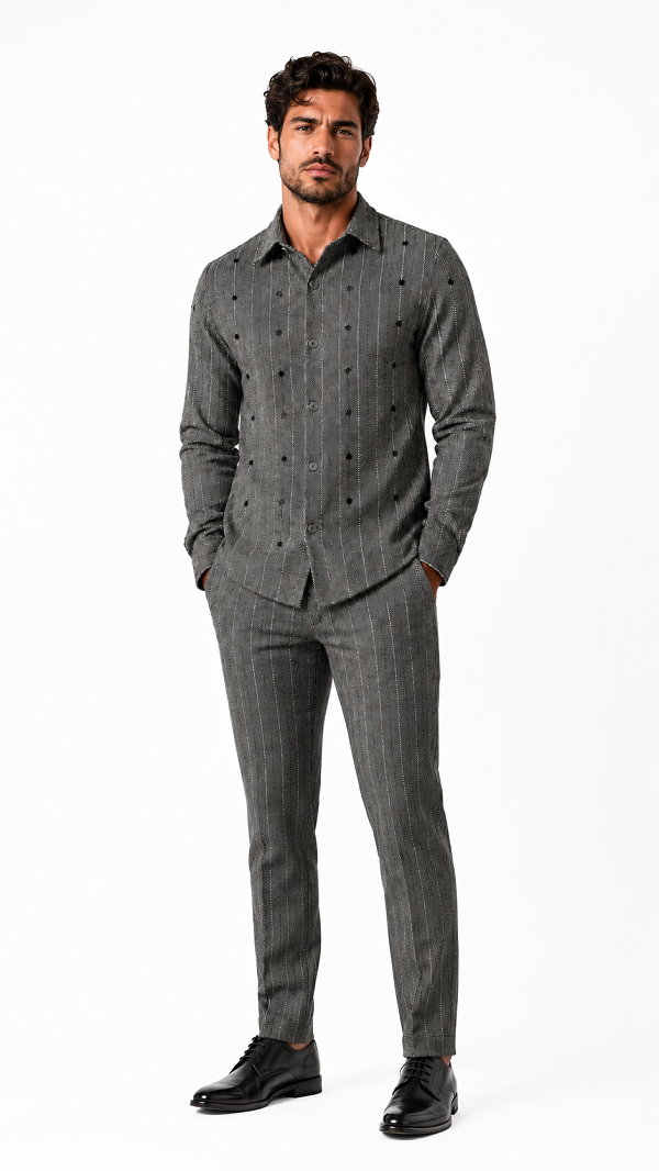 Mens Silver Grey Pinstripe Accent Walking Suit – Patterned Shirt & Matching Pants