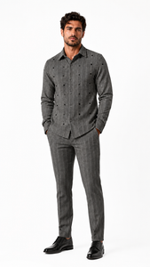 Mens Silver Grey Pinstripe Accent Walking Suit – Patterned Shirt & Matching Pants