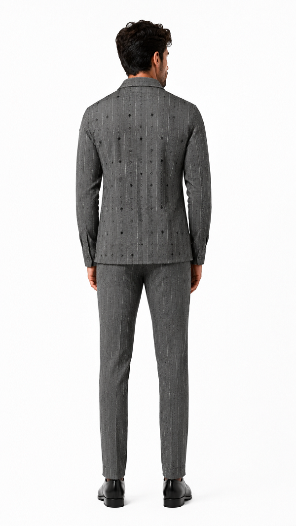 Mens Silver Grey Pinstripe Accent Walking Suit – Patterned Shirt & Matching Pants