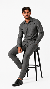 Mens Silver Grey Pinstripe Accent Walking Suit – Patterned Shirt & Matching Pants