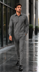 Mens Silver Grey Pinstripe Accent Walking Suit – Patterned Shirt & Matching Pants