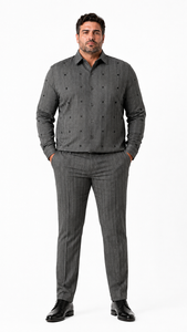 Mens Silver Grey Pinstripe Accent Walking Suit – Patterned Shirt & Matching Pants