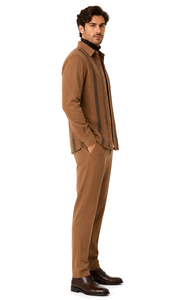 Mens Luggage Brown Embroidered Walking Suit – Long-Sleeve Shirt & Matching Pants