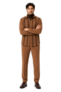 Mens Luggage Brown Embroidered Walking Suit – Long-Sleeve Shirt & Matching Pants