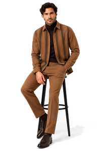Mens Luggage Brown Embroidered Walking Suit – Long-Sleeve Shirt & Matching Pants