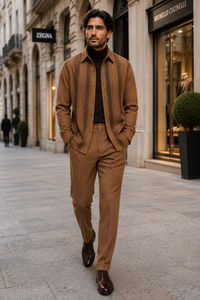 Mens Luggage Brown Embroidered Walking Suit – Long-Sleeve Shirt & Matching Pants