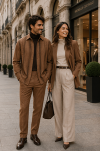 Mens Luggage Brown Embroidered Walking Suit – Long-Sleeve Shirt & Matching Pants