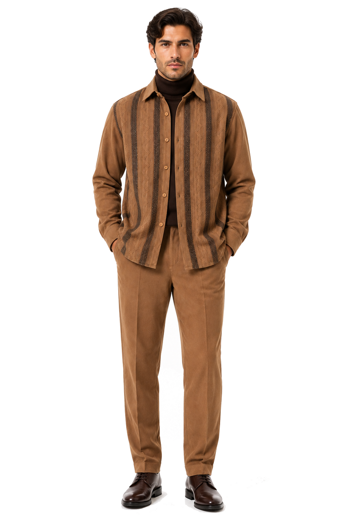 Mens Luggage Brown Embroidered Walking Suit – Long-Sleeve Shirt & Matching Pants