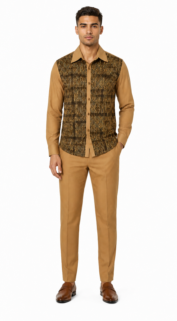 Mens Mocha Geo-Luxe Walking Suit – Patterned Long Sleeve Shirt & Matching Pants Set