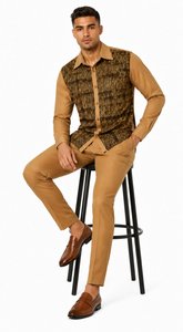Mens Mocha Geo-Luxe Walking Suit – Patterned Long Sleeve Shirt & Matching Pants Set