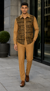 Mens Mocha Geo-Luxe Walking Suit – Patterned Long Sleeve Shirt & Matching Pants Set