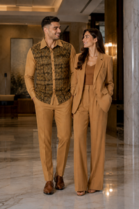 Mens Mocha Geo-Luxe Walking Suit – Patterned Long Sleeve Shirt & Matching Pants Set