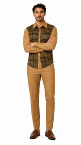 Mens Mocha Geo-Luxe Walking Suit – Patterned Long Sleeve Shirt & Matching Pants Set